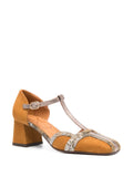 Chie Mihara Volai cognac mustard suede and snake print leather T-bar pump, Chie Mihara leather insole, designer comfort shoes made in Spain

