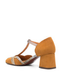 Chie Mihara Volai women's cognac mustard suede and snake print leather T-bar pump, comfortable mid block heel, European designer shoes made in Spain

