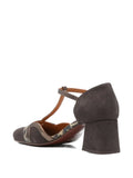Chie Mihara Volai women's dark brown suede and bronze snake print leather T-strap pump, designer comfort shoes with mid block heel, European designer shoes made in Spain