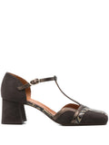 Chie Mihara VOLAI women’s shoes in graphite suede with bronze leather and snake-effect details, 5 cm block heel