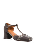 Chie Mihara VOLAI women’s shoes in graphite suede with bronze leather and snake-effect details, 5 cm block heel