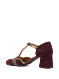 Chie Mihara Volai women's grape and bronze metallic leather T-strap pump, designer comfort shoes with mid block heel, European designer shoes made in Spain