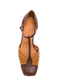Chie Mihara Vudui brown cognac suede and lizard leather T-bar pump, Chie Mihara leather insole, designer comfort shoes made in Spain

