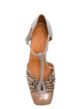 Chie Mihara Vudui vintage inspired T-bar pump, grey suede and gold snake print leather multi-strap design, artisan shoes Spain

