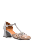 Chie Mihara Vudui grey suede and snake print leather T-bar pump with taupe patent cap toe and mid block heel, handmade in Spain

