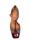 Chie Mihara Vudui women's Chie Mihara Mary Jane shoes in ruby patent leather and taupe suede, comfortable mid block heel, European designer shoes made in Spain