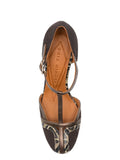 Chie Mihara Wander dark brown suede and bronze snake print T-strap pump, leather insole known for exceptional comfort and fit, handmade in Spain

