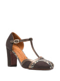 Chie Mihara Wander granite suede and bronze snake print T-strap pump, high block heel and ankle strap buckle, artisan leather shoes


