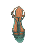 Chie Mihara Yael emerald green metallic flat sandal, leather insole with brand stamp, gladiator T-strap