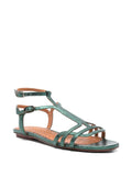 Chie Mihara Yael green metallic crackle leather flat gladiator sandal, T-strap design with silver hardware