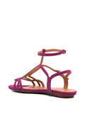 Chie Mihara Yael prune fuchsia suede flat gladiator sandal with ankle strap, luxury women's shoes made in Spain