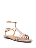 Chie Mihara Yael silver metallic leather cage T-strap flat sandal, top view with Chie Mihara leather insole, designer flat sandals made in Spain

