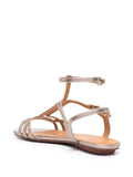 Chie Mihara Yael women's silver metallic leather cage T-strap flat sandal with ankle strap, European designer flat sandals made in Spain

