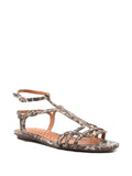 Chie Mihara Yael snake print leather flat sandal, T-strap gladiator design with gold hardware